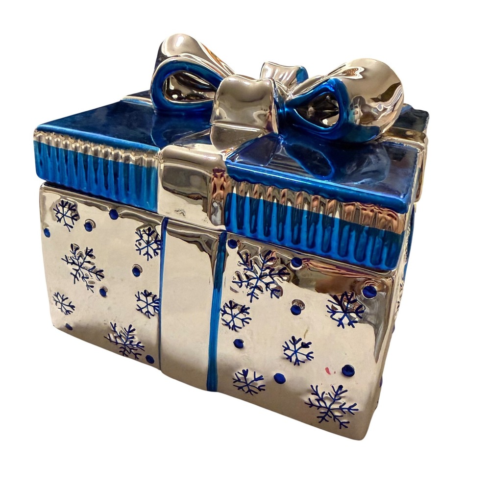 Christmas Blue Silver Metallic Snowflake Ceramic Gift Box Cookie Jar Holiday
